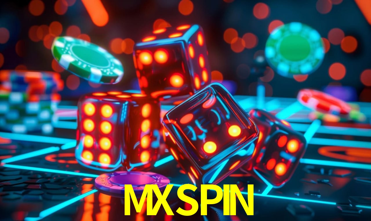 Una escena digital vívida inspirada en casino con MXSPIN mostrado prominentemente, luces brillantes, fichas, cartas y acentos dorados.