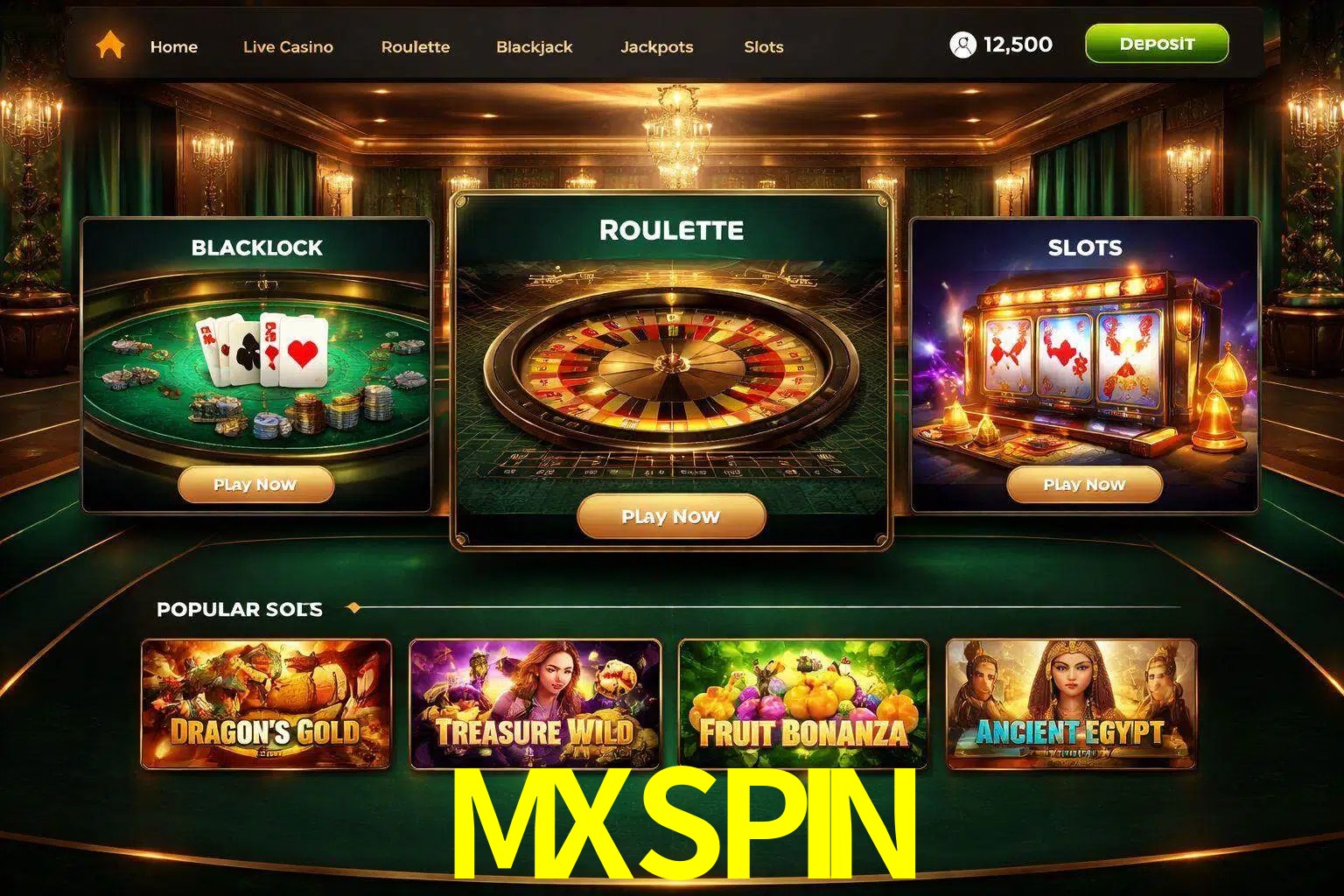 Vista de la plataforma MXSPIN Casino mostrando categorías organizadas de juegos en línea